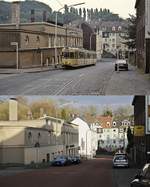 Spurensuche bei der Wuppertaler Straßenbahn: Oben fährt der Achtachser 3830 (ex Dortmund 45) um 1984 die Sanderstraße als Linie 608 zum Klinikum Barmen hinauf.