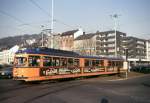 Wuppertal Tw 3817 biegt am Robert Daum Platz vom Gabelpunkt kommend in Richtung Innenstadt ein, 12.04.1986.