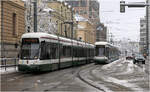 Die Augsburger Straßenbahn im Winter - 

Begegnung zweier CityFley-Trams in der Halderstraße nähe zwischen Hauptbahnhof und Königsplatz. Das im Bild mittlere Gleis kommt aus der Tunnelrampe der Tunnelstrecke unter dem Hauptbahnhof und ist noch nicht in Betrieb.

20.02.2026 (M)
