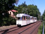 115 Jahre Karlshorst, 100 Jahre Straenbahn in Karlshorst. Natrlich mussten diese Jubilen auch auf der Schiene gewrdigt werden. DVN-Fahrzeug 217 055-8 am 5.6. nahe dem Krankenhaus Knigin Elisabeth Herzberge. Leider etwas zu hell geworden.