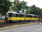 Berlin: Straenbahnlinie M4 nach Falkenberg an der Haltestelle Hohenschnhausen Feldmannstrae.(23.7.2010)