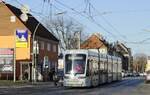 An der Haltestelle Gelsenkirchen-Buer Süd Bahnhof legt der Bogestra-Tw 534 am 08.03.2022 einen kurzen Halt ein