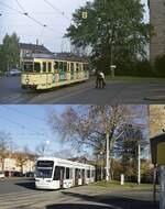 Die Straßenbahn in Wanne-Eickel einst und jetzt: Oben verlässt der Bogestra-GT6 20 im Herbst 1977/78 die Wendeschleife am Hauptbahnhof, darunter die Variobahn 528 am 13.11.2022.