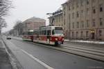 Tatra Triebwagen 509 am 16.02.2013 im historischen Farbkleid und mit Werbung fr die Chemnitzer Straenbahnfreunde auf der Strae der Nationen.