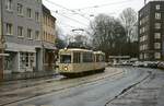 Im Rahmen einer Sonderfahrt ist der 1950 von Westwaggon gebaute T3-50 279 Anfang April 2008 unterwegs, hier erreicht er auf seiner Fahrt von Brackel nach Dorstfeld die Haltestelle