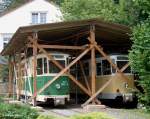 Abgestellte Triebwagen der ehemaligen Schmalspur-Straenbahn Linie 31 Dresden-Niedersedlitz - Kreischa (Lockwitztalbahn); 12.06.2004  