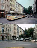 Die Düsseldorfer Rheinbahn einst und jetzt: Bis zum 15.12.1993 verkehrten die Linien 704 und 709 in Richtung Graf-Adolf-Platz durch die Lorettostraße, in der Gegenrichtung durch die Neusser Straße. Seitdem fahren die Bahnen zweigleisig in Seitenlage durch die Haroldstraße und Neusser Straße. Oben kreuzt der GT6 2520 den Fürstenwall, unten die gleiche Situation im Jahre 2011. Wenigstens den Loretto-Grill gibt es noch...





