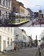 Als der Rheinbahn-GT8 2668 Mitte November 1988 auf der Fahrt vom Bahnhof Gerresheim in die Innenstadt das Gerresheimer Ortszentrum durchfährt, künden das provisorische Haltestellenschild und