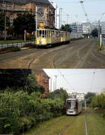 Straßenbahnen auf der Berliner Allee in Düsseldorf einst und jetzt: Auf dem oberen Bild ist der historische Zweiachser 954 im August 1981 vor der Kulisse der Johanneskirche unterwegs.