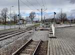 Austausch der Gleise und Weichen am 05.04.2021 an der Endhaltestelle Europaplatz im Norden von Erfurt.