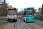 VGF Düwag Pt Wagen 138 und Bombardier S-Wagen 207 bei einer Sonderfahrt in Frankfurt am Main Lousia am 04.03.18