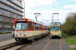 VGF Düwag Pt Wagen 128 und Düwag O Wagen 111am 16.03.19 bei einer Sonderfahrt in Frankfurt Hugo Junkers Straße 