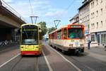 VGF Düwag Pt-Wagen 138 am 11.08.19 in Frankfurt Westbahnhof als Pendelverkehr zum Sommerfest des Straßenbahn Museums