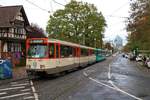 VGF Düwag Pt-Wagen 128 und 720 als Stadionverkehr Linie 20 am 02.11.19 in Frankfurt Oberforsthaus mit dem Bahnbabo als Fahrer