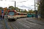 VGF Düwag Pt-Wagen 128 und 720 als Stadionverkehr Linie 20 am 02.11.19 in Frankfurt Oberforsthaus mit dem Bahnbabo als Fahrer