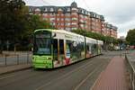 VGF Bombardier Flexcity Classic S-Wagen 218 mit neuer Vollwerbung am 11.09.21 in Frankfurt am Main 