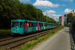 VGF Düwag Pt Wagen 720+736 am 04.06.22 als Linie 20 zum Stadion in Frankfurt am Main