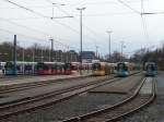 VGF Bombardier S-Wagen Parade am 04.04.15 in Frankfurt am Main Stadion über einen Zaun fotgrafiert