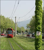 Mit der Straßenbahn durch den Freiburger Westen -    Eine rote Tram auf grüner Strecke kurz vor der Haltestelle 'Betzenhauser Torplatz.'    11.05.2006 (M)