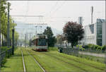 Mit der Straßenbahn nach Freiburg-Haid -    Blick von der Haltestelle 'VAG-Zentrum' nach Süden auf den Rasenbahnkörper neben der Besaconallee.