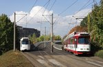 Freiburg Tw 223 und 231 am Abzweig der Linien 1 und 3 in der Sundgauallee, 12.10.2016.