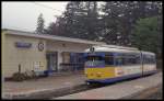 Düwag Tram 442 im Endhaltepunkt Tabarz der Thüringer Waldbahn am 6.5.1993 um 17.28 Uhr.