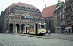 Straßenbahn Görlitz, Niederschlesien__Tw 13 [T57; 1958 VEB Gotha; ex Halle/Saale, +1992] mit Bw 57 [B57; VEB Gotha, 1961, +1993] vor dem nahezu original erhaltenen Jugendstil-Kaufhaus am Demianiplatz. 1990 noch 'Centrum', ein Jahr später wieder 'Karstadt'__12-05-1990
	
