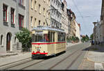 25 Jahre Historisches Straßenbahndepot Halle (Saale)    Gothawagen T57, Wagen 523, fährt durch die Geschwister-Scholl-Straße in Halle (Saale).