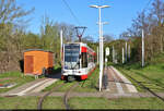 MGT-K (Bombardier Flexity Classic), Wagen 676 und 675, pausieren in der Endstelle Soltauer Straße in Halle (Saale), die als Wendeschleife ausgeführt ist.