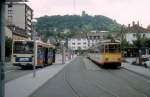 Karlsruhe VBK SL 1 (GT8 120) Durlach (Endstelle) im Juli 1988.