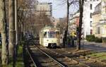 Am 13.02.2022 führte der Historische Straßenbahn Köln e. V. Wartungs- und Ausbildungsfahrten mit dem historischen Triebwagen 1019 durch, gerade erreicht er auf seiner Fahrt von Junkersdorf zum Neumarkt die Haltestelle Wüllnerstraße (Nachschuss)