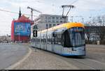 NGT10-XL (Solaris Tramino), Wagen 1003, der Leipziger Verkehrsbetriebe (LVB) als Linie 4 von Leipzig-Gohlis, Landsberger Straße, nach Leipzig-Stötteritz, Holzhäuser Straße,