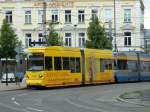 LVB - NGTW6, Betriebsnummer 1338  Knauthain  Baujahr 2010 mit DHL-Werbung auf Linie 3 Richtung Taucha am 13.05.2014 im Stadtzentrum Leipzig.