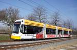 Straßenbahn Mainz / Mainzelbahn: Stadler Rail Variobahn der MVG Mainz - Wagen 224, aufgenommen im März 2017 zwischen Mainz-Lerchenberg und Mainz-Marienborn.