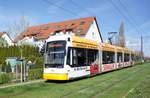 Straßenbahn Mainz / Mainzelbahn: Stadler Rail Variobahn der MVG Mainz - Wagen 225, aufgenommen im April 2018 in Mainz-Bretzenheim.