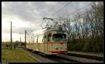 Wagen 124 vor den Toren des Betriebshofes Rheingnnheim in Ludwigshafen. Mittlerweile ist der Wagen abgestellt. Aufgenommen im Mrz 2008.