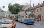 München MVV Tramlinie 25 (M5.65 2665) Tegernseer Landstraße / Deisenhofener Straße / Silberhornstraße im Juli 1992.