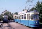 München MVV Tramlinie 9 (M4.65 2496 / M4.65 2486) Gondrellplatz am 17. August 1974. - Scan eines Diapositivs.