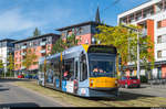 Strassenbahn Nordhausen: Combino Advanced 104 auf der Linie 1 in Richtung Bahnhofsplatz zwischen den Haltestellen Rathaus und Nordbrand am 1.