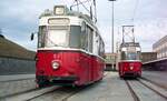 Straßenbahn Plauen__Tw 62 [T57, VEB Gotha 1957; 1994 >privat] und Tw 72 [T57, VEB Gotha 1958; 1964 ex Klingenthal; 1992 ausgemustert am Unteren Bahnhof.__03-02-90