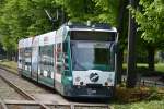 Diese Siemens Combino  411 Bern  steht am 09.05.2015 am Platz der Einheit in Potsdam.