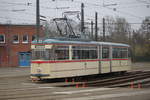 Gelenktriebwagen des Typs G4 aus dem Baujahr 1961 stand als Sonderfahrt beschildert am 23.03.2019 auf dem Betriebshof der Rostocker Straßenbahn AG.