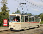 Tatra Wagen T6A2(704) von CKD Praha-Smichov aus dem Baujahr 1990 stand am 03.09.2023 in Rostock-Marienehe