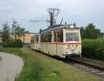 Triebwagen46(LOWA-Wagen)mit Beiwagen156(LOWA-Wagen)der Nahverkehrsfreunde Rostock steht in Hhe Haltestelle Rostock-Marienehe.Aufgenommen am 18.06.09