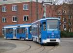 Tatra-Straenbahn 812 und NF-Beiwage 862 mussten am 16.03.2014 auf dem Gelnde der Rostocker Straenbahn AG warten.Voraussichtlich ab mitte Mai wird dann die neue Hightech-Straenbahn vom Typ Vossloh