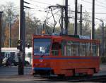 Tatra T6 Wagen 551 als Arbeitstram stand am 02.11.2014 auf dem Gelnde der Rostock-Straenbahn AG  