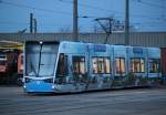 Vossloh 6N2(608)mit Rostocker Motive abgestellt auf dem Betriebshof der Rostocker Straenbahn AG.24.02.2015