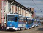 Da waren es nur noch 3xTatra T6(705,701 und 805)sie waren am 13.03.2015 auf dem Gelnde der Rostocker Straenbahn AG abgestellt.Bild wurde mit Teleobjektiv vom ffentlichem Weg gemacht.