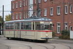 Gelenktriebwagen des Typs G4(Wagen 1)stand am Mittag des 15.10.2016 auf dem Betriebshof der Rostocker Straenbahn AG,Foto wurde vom ffentlichem Fuweg gemacht der am Gelnde direkt lang geht 