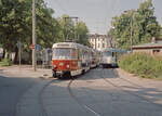 Schwerin NVS SL 2 (Tatra T3D 267) / SL 1 (Tatra T3DC1 106) Platz der Freiheit am 12. Juli 1994. - Scan eines Farbnegativs. Film: Scotch 200. Kamera: Minolta XG-1.
